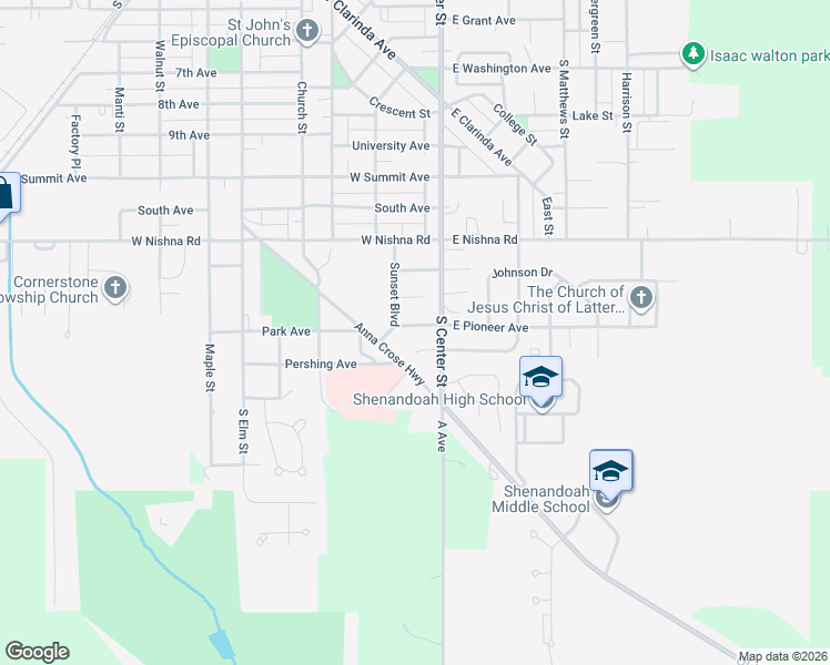 map of restaurants, bars, coffee shops, grocery stores, and more near 101-199 West Pioneer Avenue in Shenandoah
