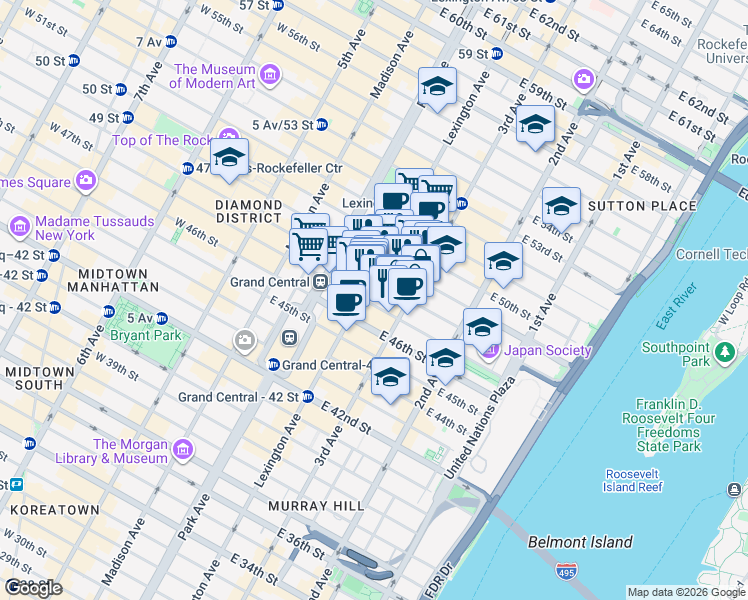 map of restaurants, bars, coffee shops, grocery stores, and more near 525 Lexington Avenue in New York