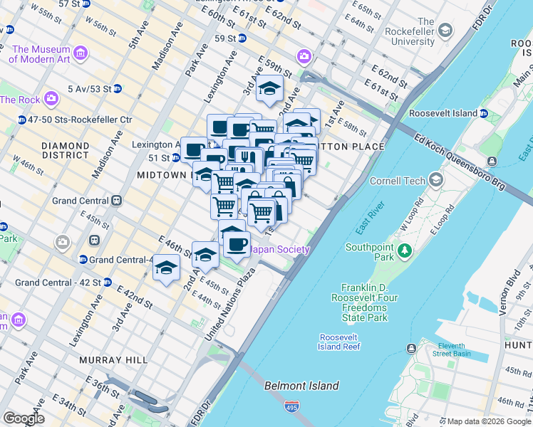 map of restaurants, bars, coffee shops, grocery stores, and more near 350 East 51st Street in New York