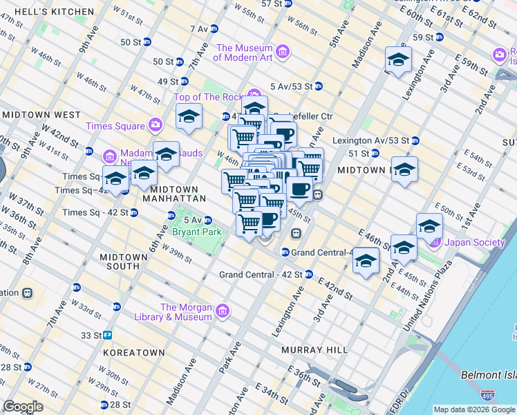 map of restaurants, bars, coffee shops, grocery stores, and more near 551 5th Avenue in New York