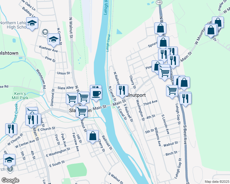 map of restaurants, bars, coffee shops, grocery stores, and more near 36 North Canal Street in Walnutport