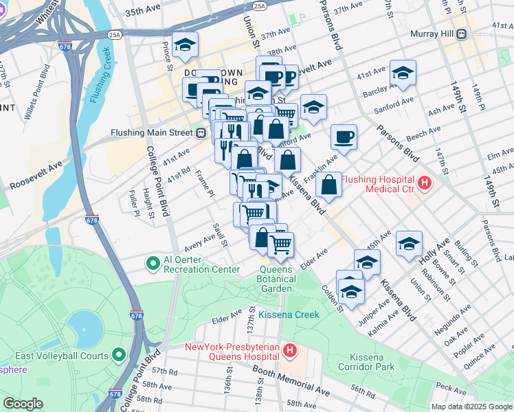 map of restaurants, bars, coffee shops, grocery stores, and more near 136-19 Franklin Avenue in Queens