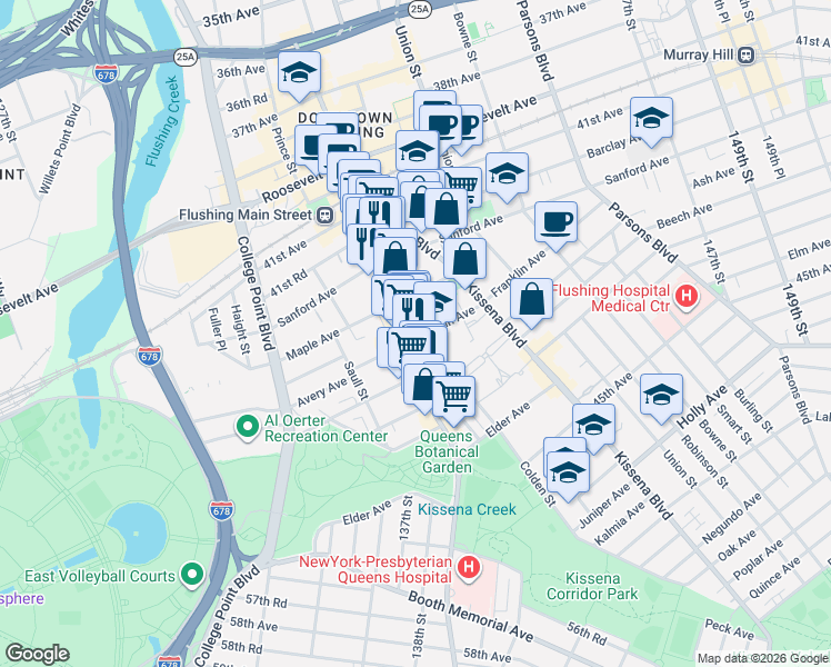 map of restaurants, bars, coffee shops, grocery stores, and more near 136-19 Franklin Avenue in Queens