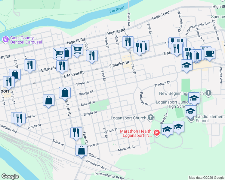 map of restaurants, bars, coffee shops, grocery stores, and more near 525 22nd Street in Logansport