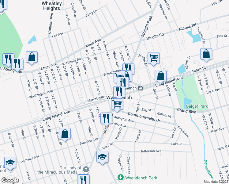 map of restaurants, bars, coffee shops, grocery stores, and more near 1580 Straight Path in Wyandanch