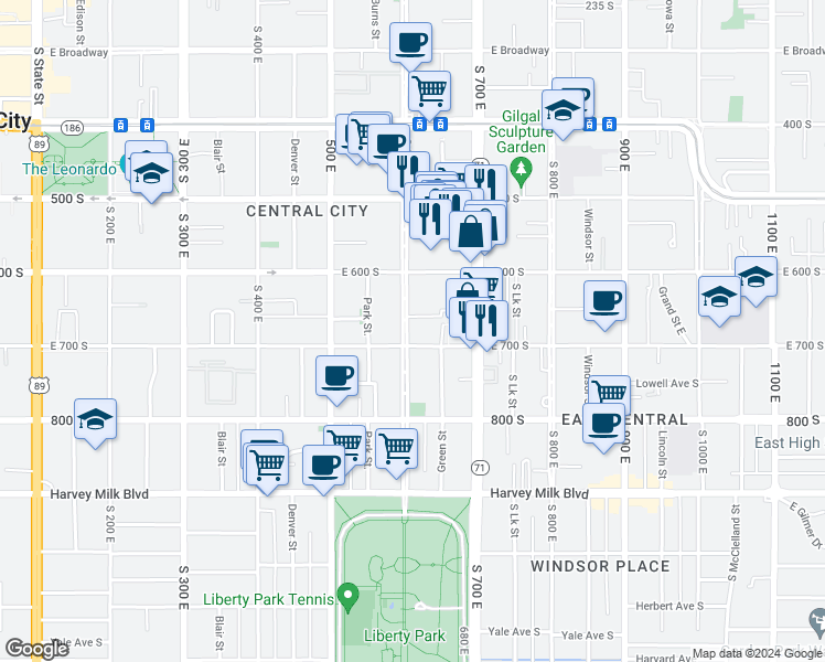 map of restaurants, bars, coffee shops, grocery stores, and more near 671 600 East in Salt Lake City