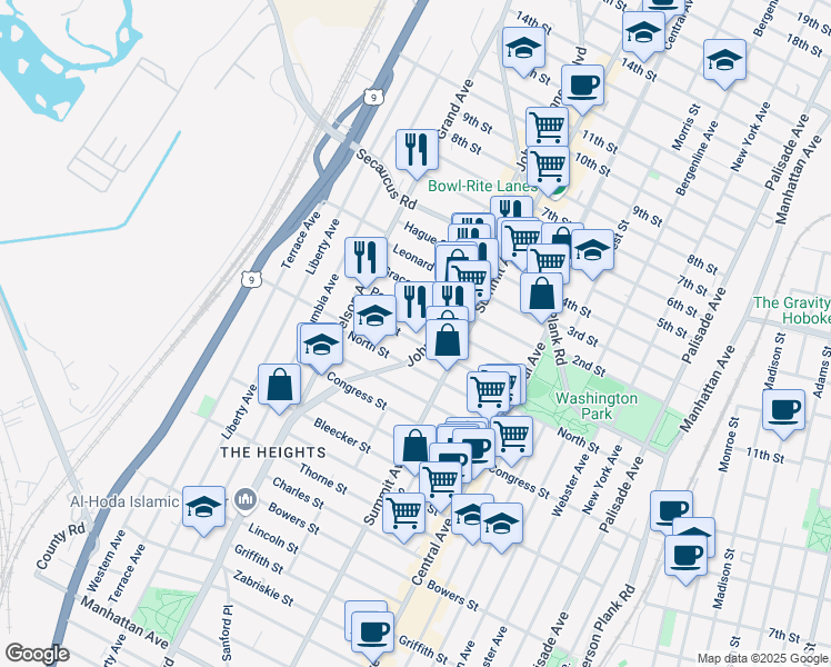 map of restaurants, bars, coffee shops, grocery stores, and more near 105 Poplar Street in Jersey City