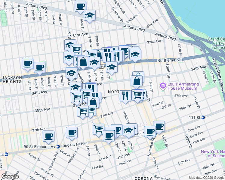 map of restaurants, bars, coffee shops, grocery stores, and more near in Queens