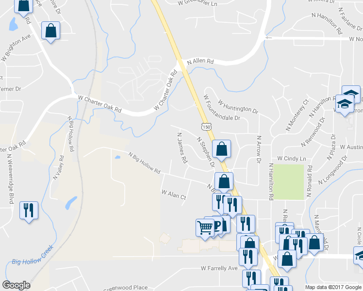 map of restaurants, bars, coffee shops, grocery stores, and more near 5498 North James Road in Peoria
