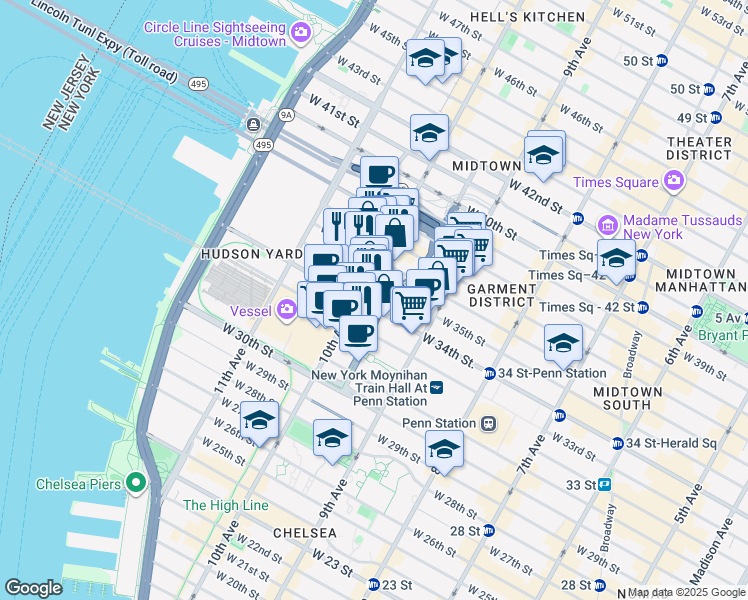 map of restaurants, bars, coffee shops, grocery stores, and more near 455 West 34th Street in New York