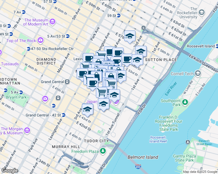 map of restaurants, bars, coffee shops, grocery stores, and more near 234 East 50th Street in New York