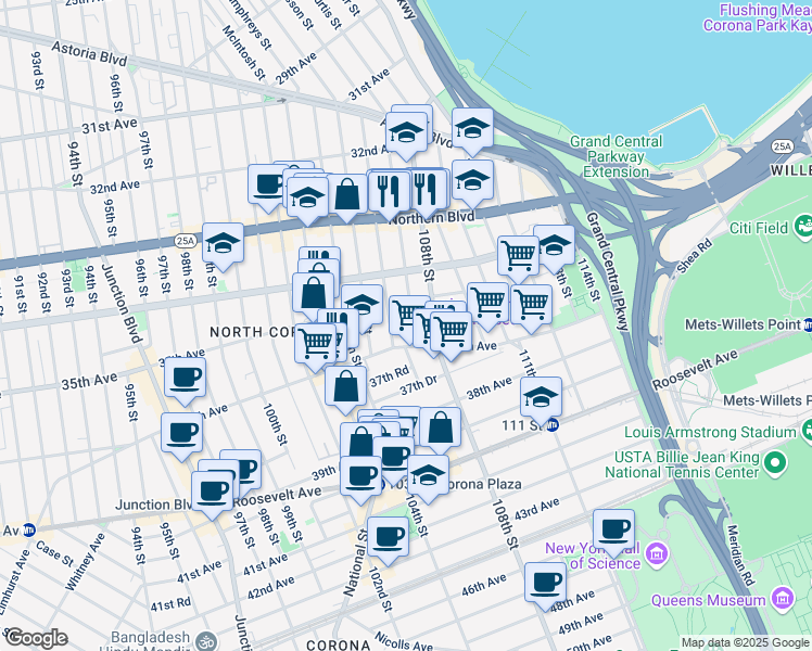 map of restaurants, bars, coffee shops, grocery stores, and more near 34-56 107th Street in Queens