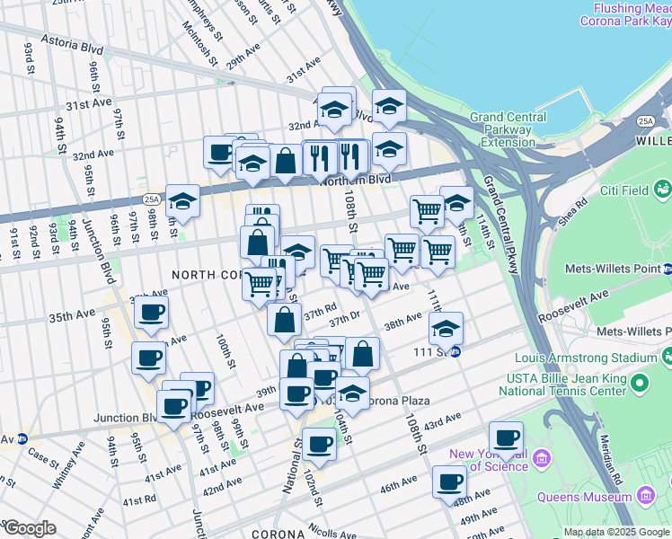 map of restaurants, bars, coffee shops, grocery stores, and more near 34-56 107th Street in Queens