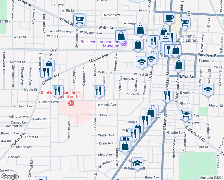 map of restaurants, bars, coffee shops, grocery stores, and more near 154 Sturges Avenue in Mansfield