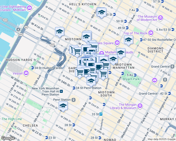 map of restaurants, bars, coffee shops, grocery stores, and more near 263 West 38th Street in New York