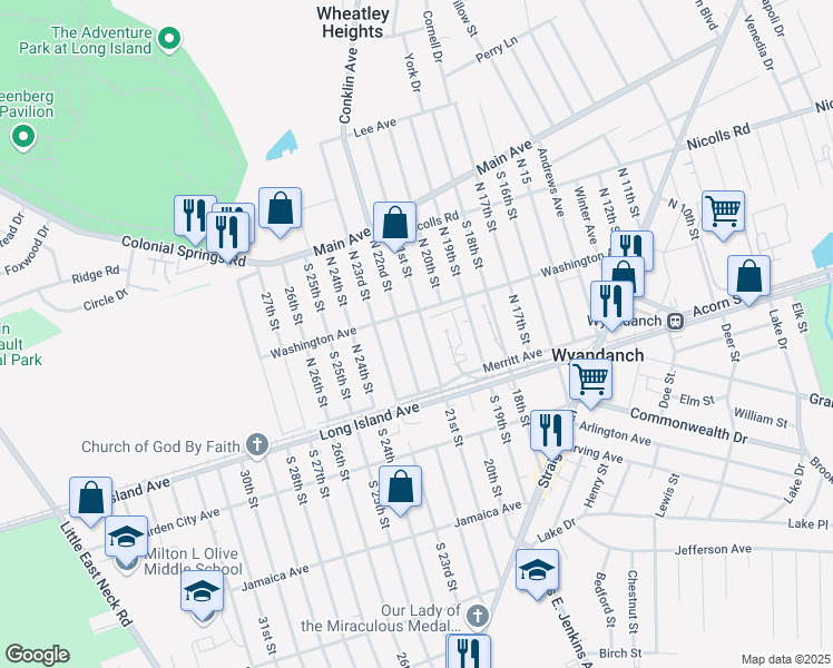 map of restaurants, bars, coffee shops, grocery stores, and more near 114 North 21st Street in Wheatley Heights