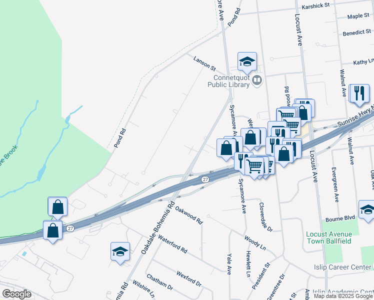 map of restaurants, bars, coffee shops, grocery stores, and more near 168 Oakdale-Bohemia Road in Bohemia