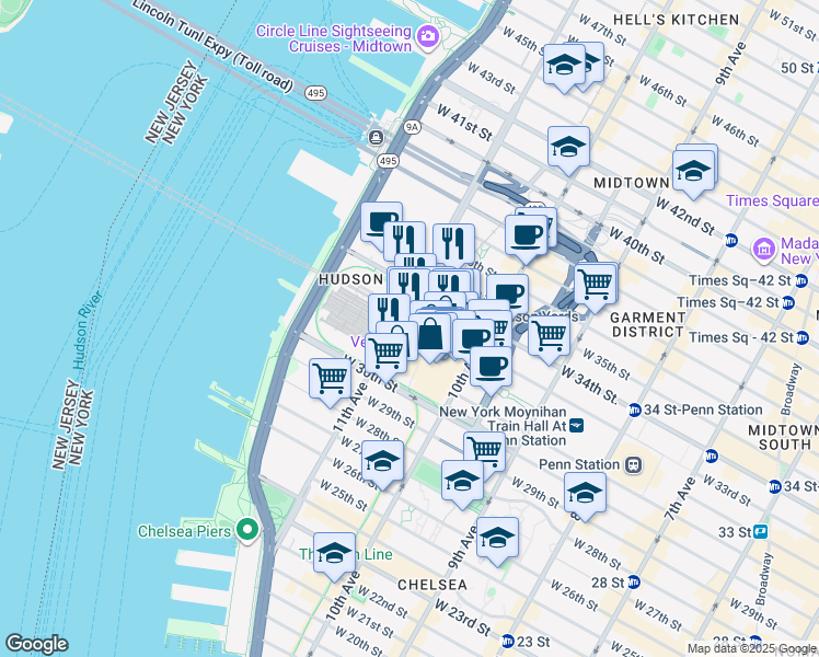 map of restaurants, bars, coffee shops, grocery stores, and more near 35 Hudson Yards in New York