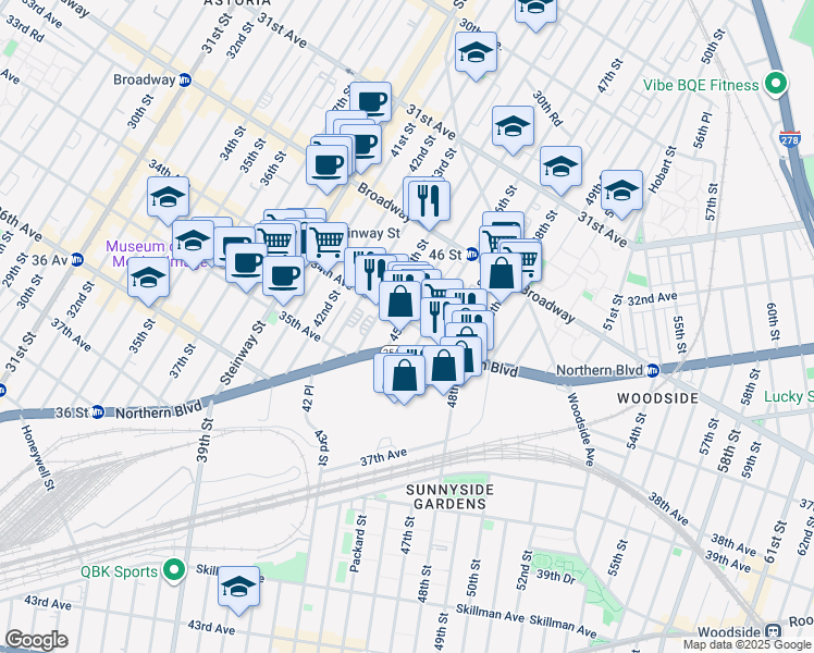 map of restaurants, bars, coffee shops, grocery stores, and more near 34-01 45th Street in Queens