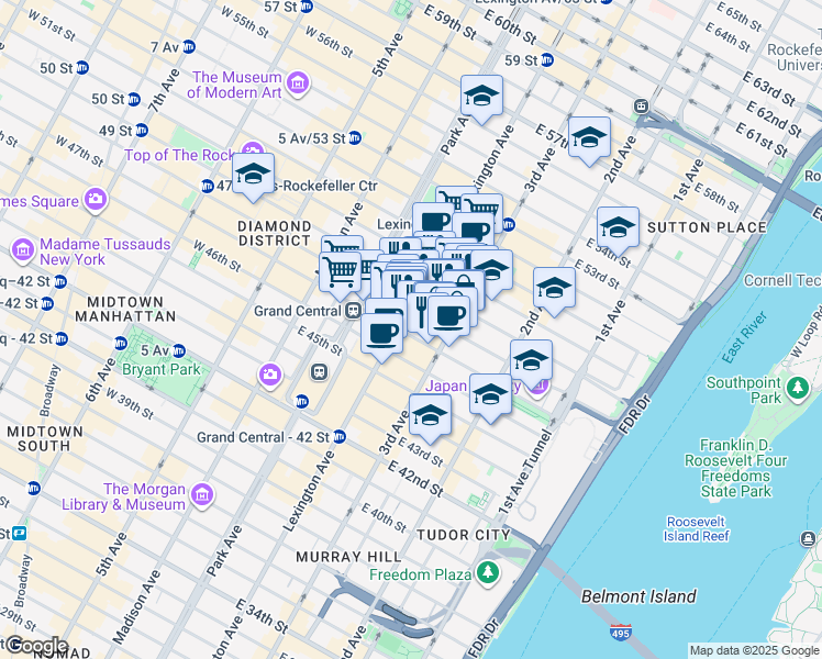 map of restaurants, bars, coffee shops, grocery stores, and more near 525 Lexington Avenue in New York