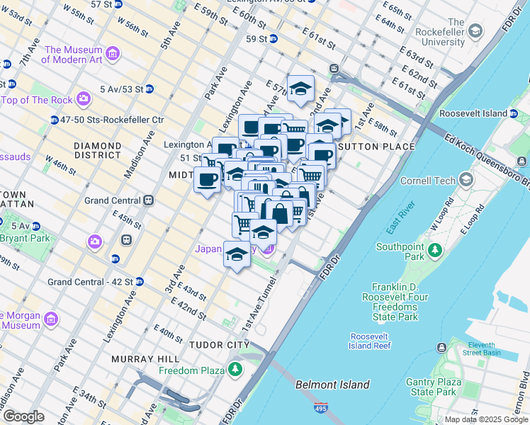 map of restaurants, bars, coffee shops, grocery stores, and more near 300 East 50th Street in New York