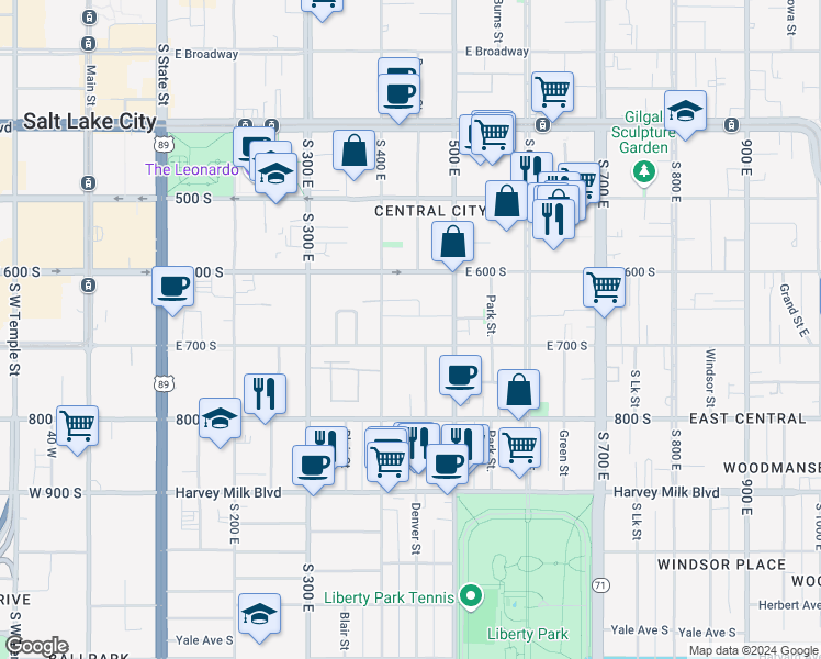 map of restaurants, bars, coffee shops, grocery stores, and more near 416 East Sego Avenue in Salt Lake City