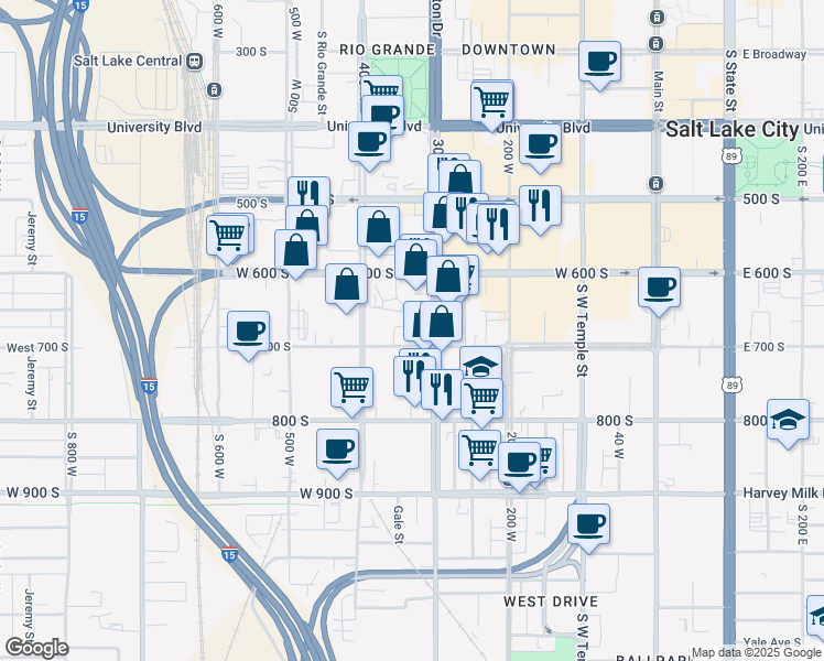 map of restaurants, bars, coffee shops, grocery stores, and more near 644 South 300 West in Salt Lake City
