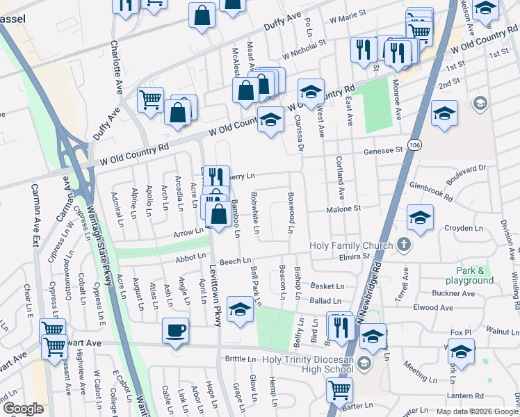 map of restaurants, bars, coffee shops, grocery stores, and more near 18 Boulder Lane in Hicksville