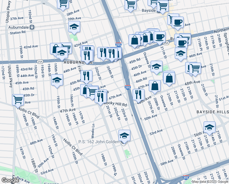 map of restaurants, bars, coffee shops, grocery stores, and more near 202-21 46th Road in Queens
