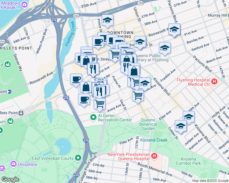 map of restaurants, bars, coffee shops, grocery stores, and more near 132-40 Sanford Avenue in Queens