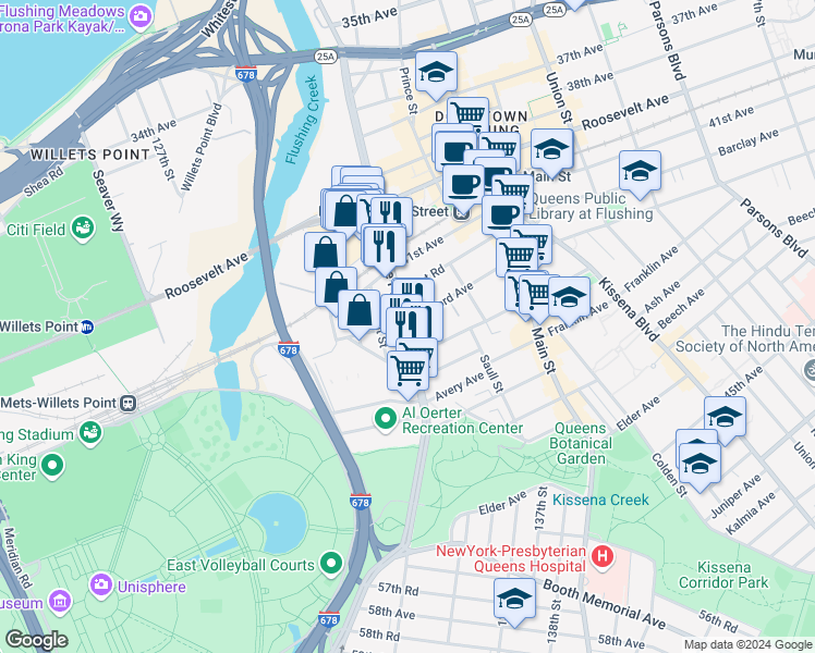 map of restaurants, bars, coffee shops, grocery stores, and more near 41-36 College Point Boulevard in Queens