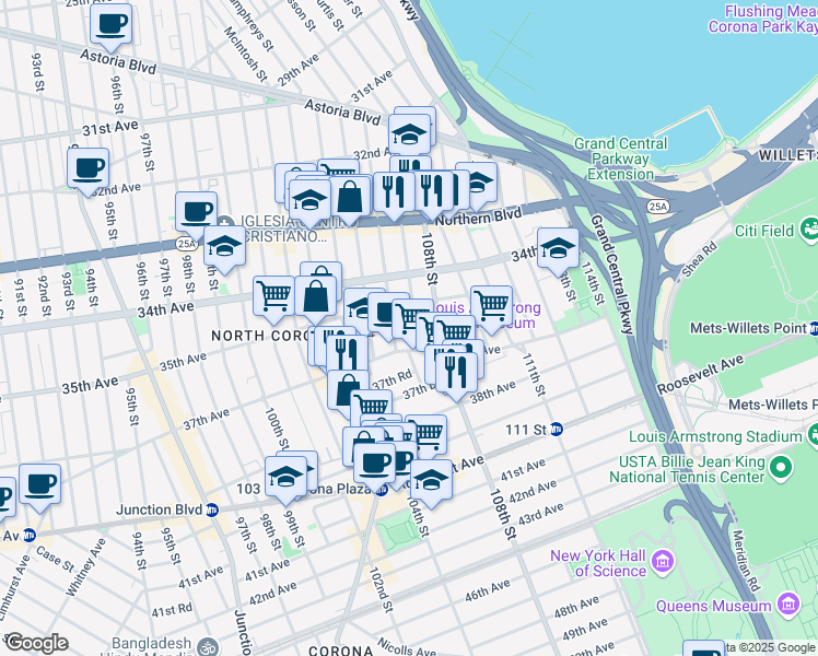map of restaurants, bars, coffee shops, grocery stores, and more near 34-40 107th Street in Queens
