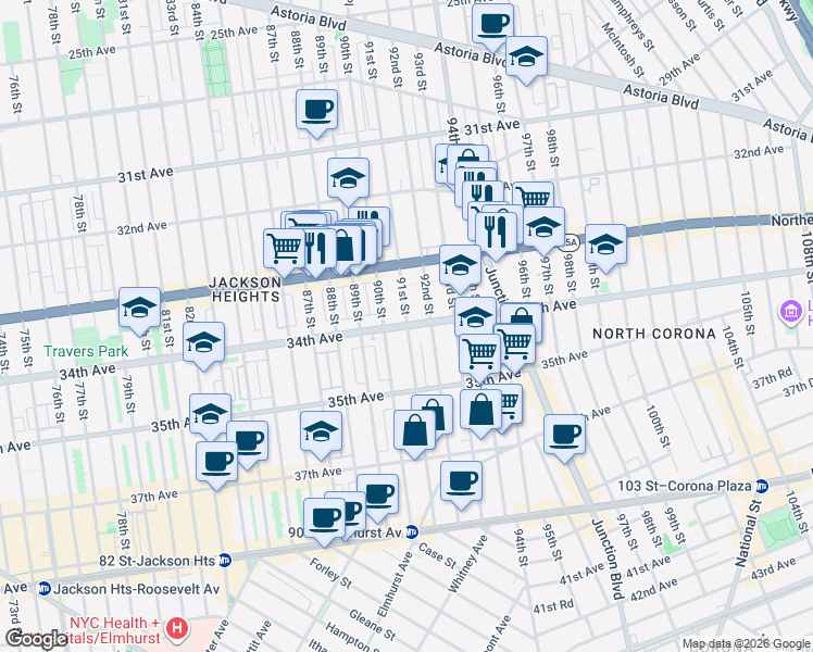 map of restaurants, bars, coffee shops, grocery stores, and more near 3347 91st Street in Queens