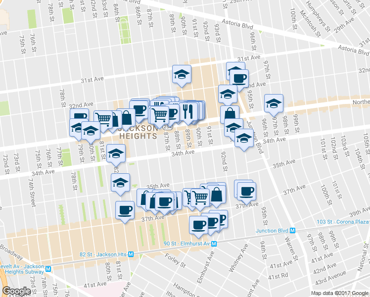 map of restaurants, bars, coffee shops, grocery stores, and more near 33-39 88th Street in Queens