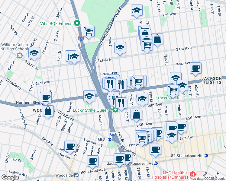 map of restaurants, bars, coffee shops, grocery stores, and more near in Queens