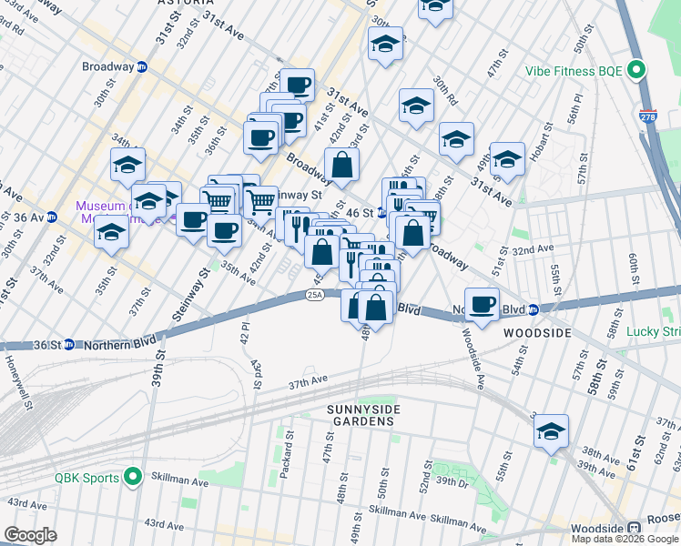 map of restaurants, bars, coffee shops, grocery stores, and more near 32-69 46th Street in Queens