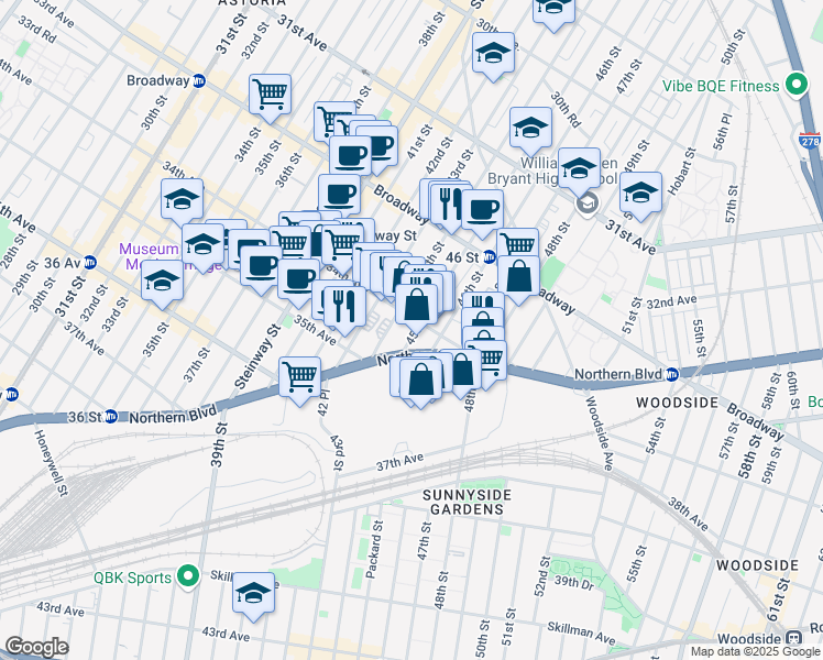 map of restaurants, bars, coffee shops, grocery stores, and more near 32-86 45th Street in Queens