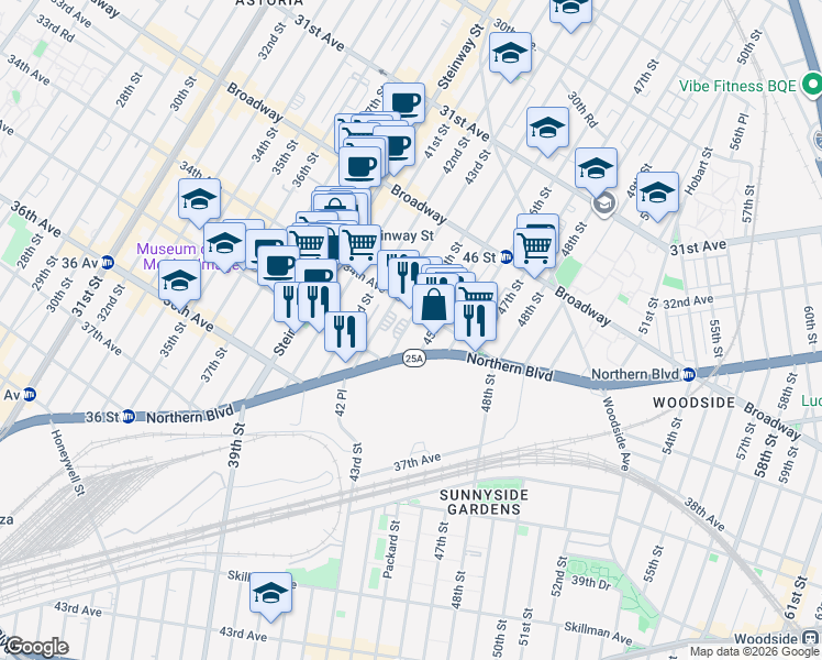 map of restaurants, bars, coffee shops, grocery stores, and more near 34-15 43rd Street in Queens