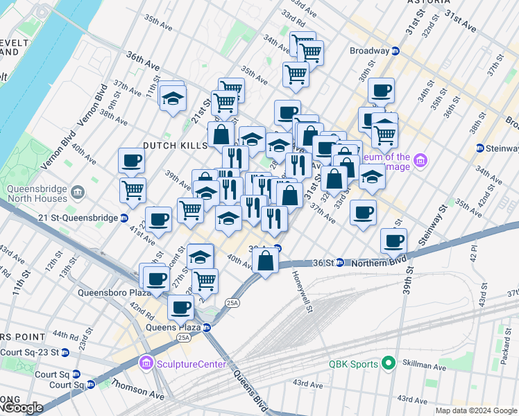 map of restaurants, bars, coffee shops, grocery stores, and more near 3734 29th Street in Queens