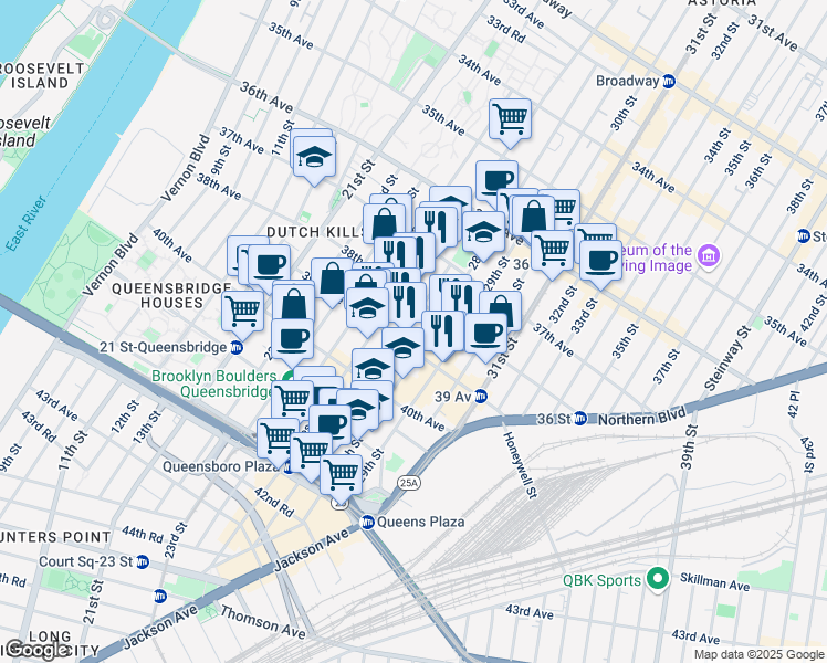 map of restaurants, bars, coffee shops, grocery stores, and more near 38-07 27th Street in Queens