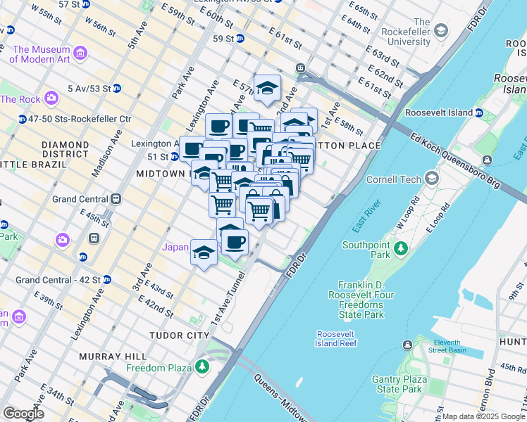 map of restaurants, bars, coffee shops, grocery stores, and more near 335 East 51st Street in New York