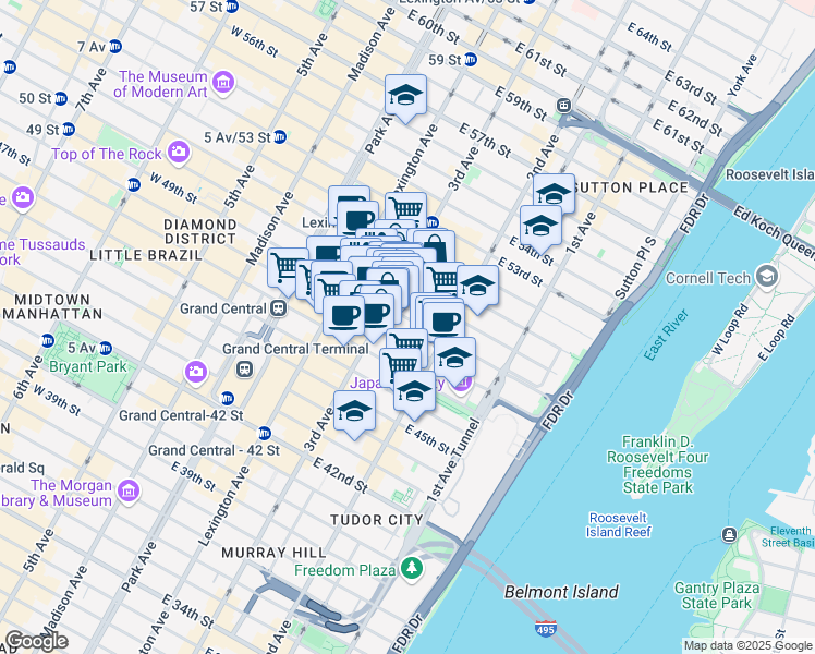 map of restaurants, bars, coffee shops, grocery stores, and more near 199 East 49th Street in New York