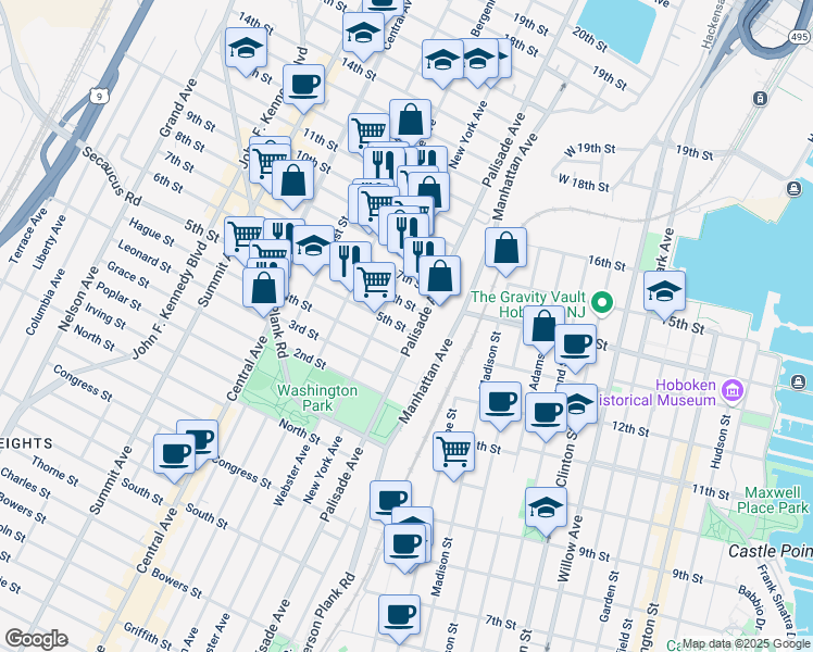 map of restaurants, bars, coffee shops, grocery stores, and more near 508 New York Avenue in Union City