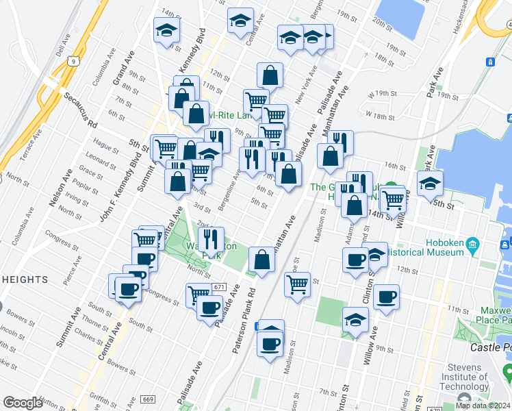 map of restaurants, bars, coffee shops, grocery stores, and more near 508 New York Avenue in Union City