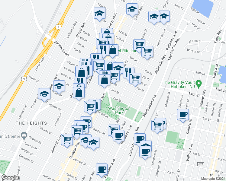 map of restaurants, bars, coffee shops, grocery stores, and more near in Jersey City
