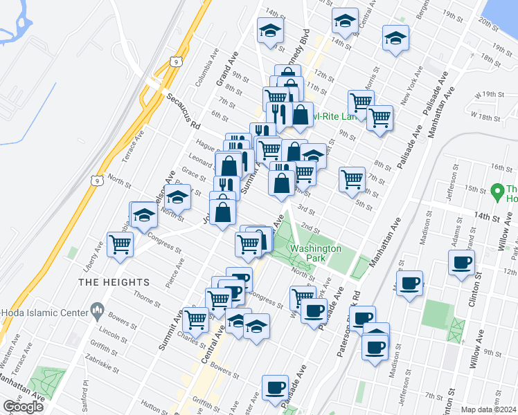 map of restaurants, bars, coffee shops, grocery stores, and more near 23 Leonard Street in Jersey City