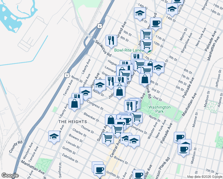 map of restaurants, bars, coffee shops, grocery stores, and more near 105 Poplar Street in Jersey City
