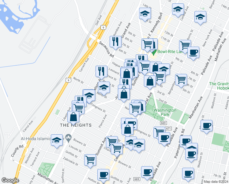 map of restaurants, bars, coffee shops, grocery stores, and more near 105 Poplar Street in Jersey City