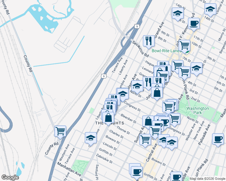 map of restaurants, bars, coffee shops, grocery stores, and more near in Jersey City