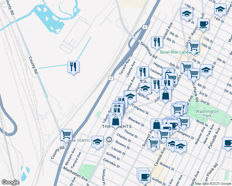 map of restaurants, bars, coffee shops, grocery stores, and more near in Jersey City